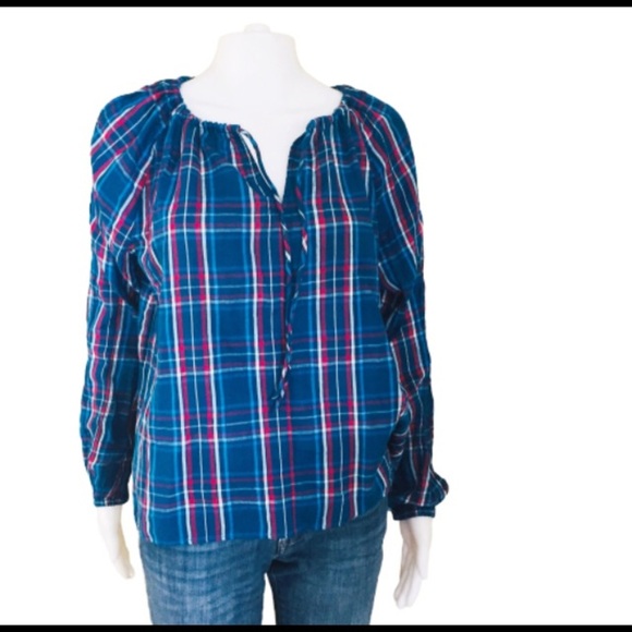 NWT GAP Plaid Blouse/Top With Front Drawstring & Tie Front Keyhole Blue/Red Sz S - Picture 3 of 8